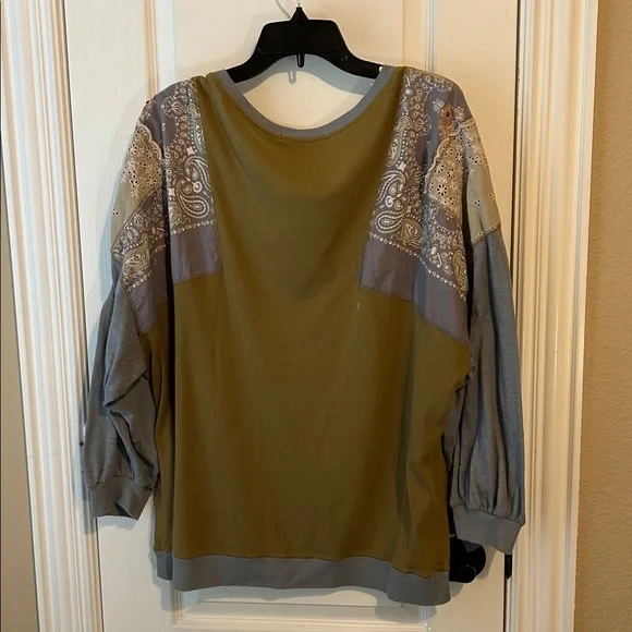 We The Free Olive and Gray Patchwork Long Sleeve Tee - Picture 5 of 5